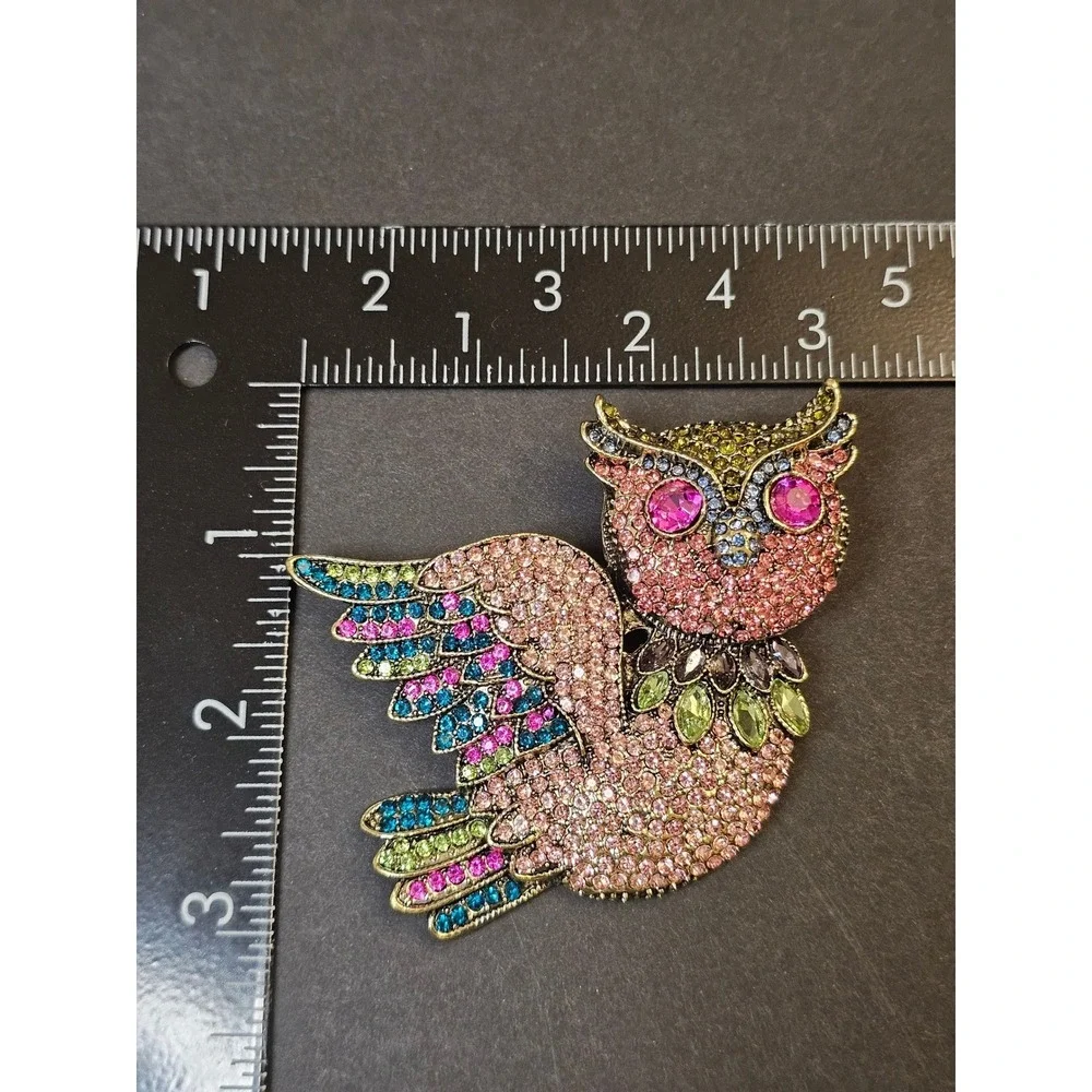 LARGE Vintage‎ Style Owl Brooch Multicolor Rhinestone Gold Whimsical Cottagecore